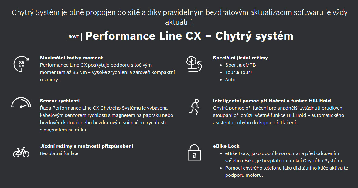 Performance Line CX je výkonný a&nbsp;dynamický pohon pro intuitivní ovládání a&nbsp;jedinečný dojem z&nbsp;jízdy. Drží s&nbsp;vámi krok až na hranici možností – pro ještě větší radost z&nbsp;jízdy v&nbsp;technicky náročném terénu. V&nbsp;Chytrém Systému je pohonná jednotka zcela propojena s&nbsp;ostatními komponenty vašeho eBiku. S&nbsp;aplikací eBike Flow můžete využívat digitální funkce, jako je sledování aktivity či eBike Lock, a udržovat svůj eBike aktuální i v&nbsp;budoucnu.
